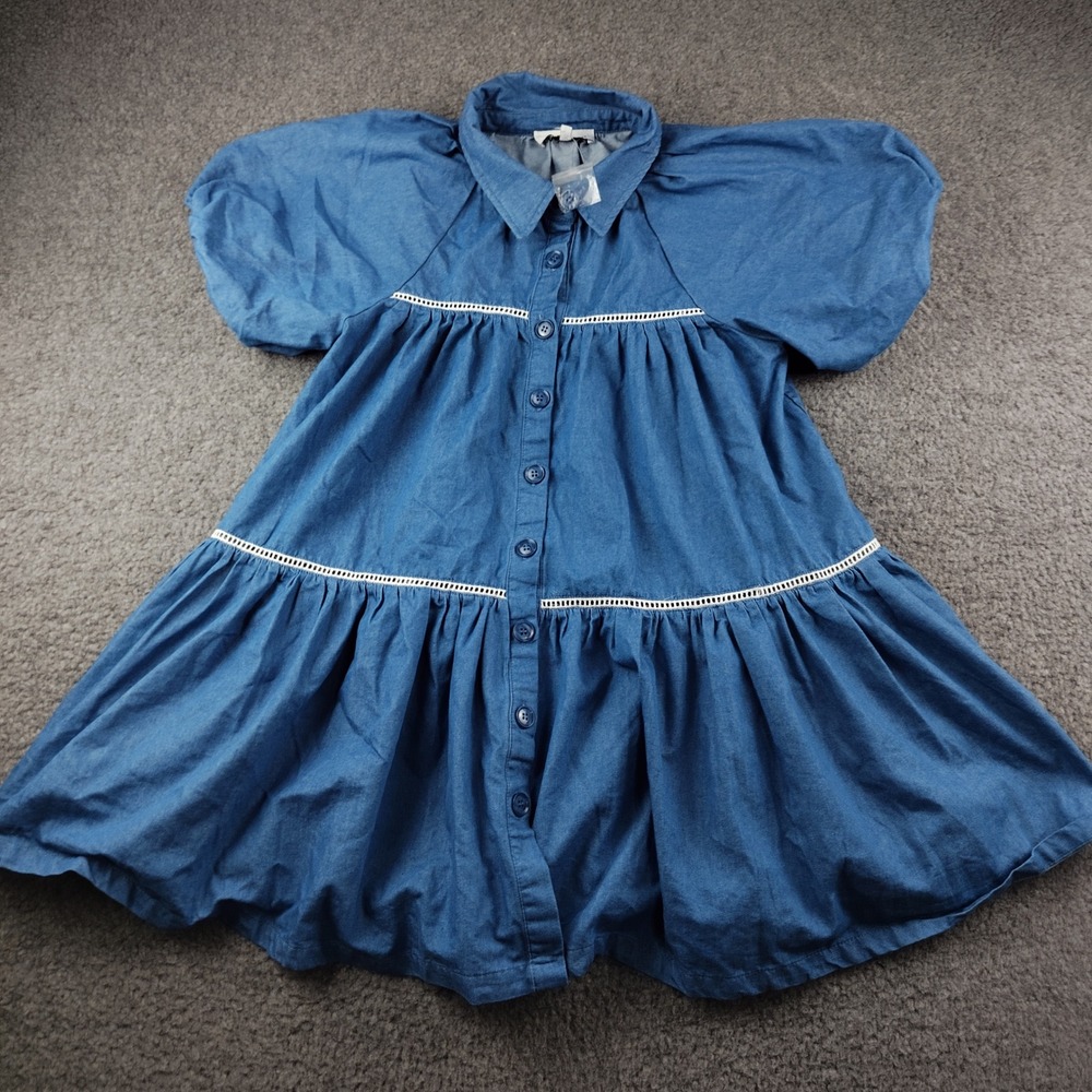 En Saison Dress Sz Small Tiered Puff Sleeve Babydoll Denim Blue Ladder Lace NWT